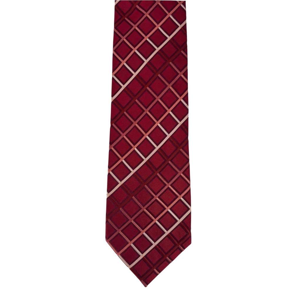 BCBG Attitude Silk Tie XL Red Burgundy Geometric Grid Hand Sewn Bold 63"x3.5"